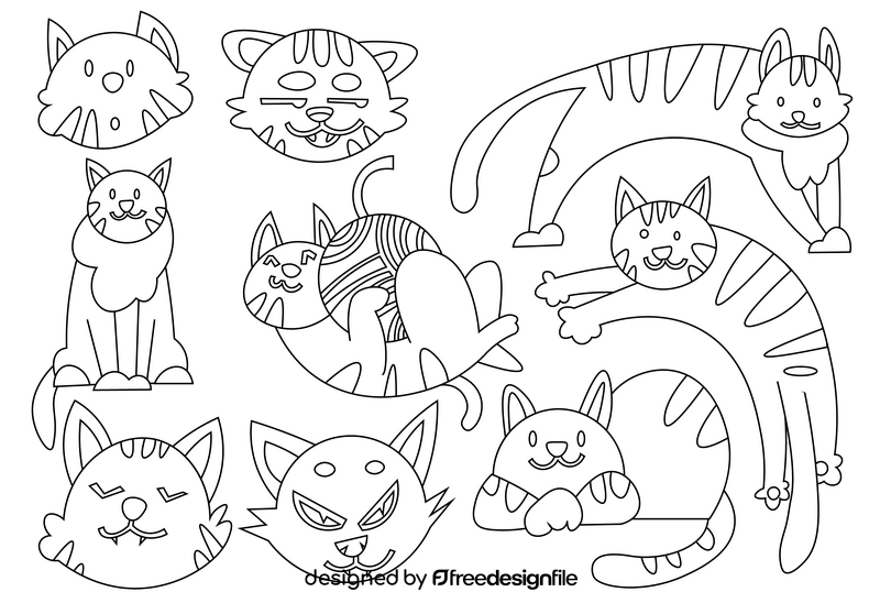 Cat cartoon set black and white vector