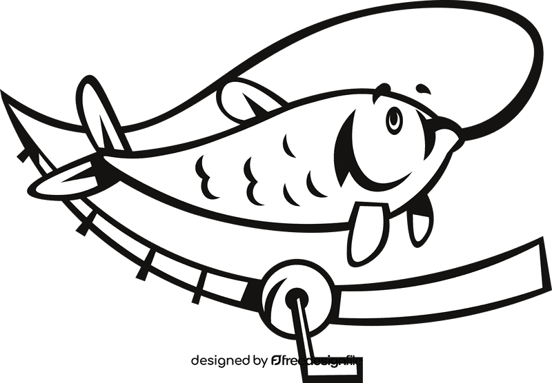 Fishing rod big fish black and white clipart