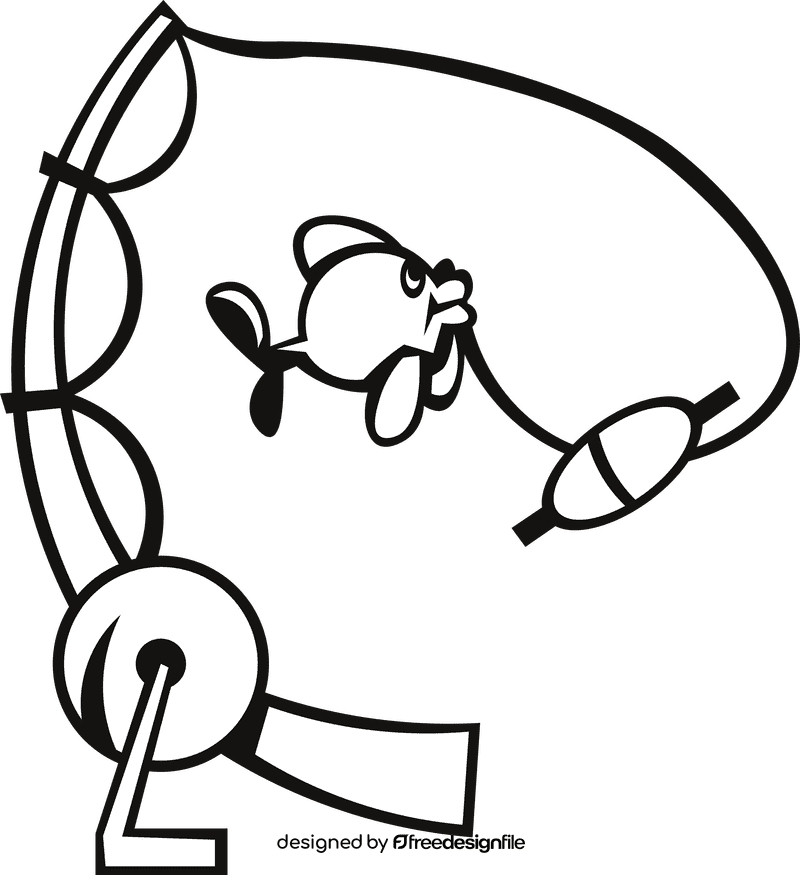 Fishing rod fish black and white clipart