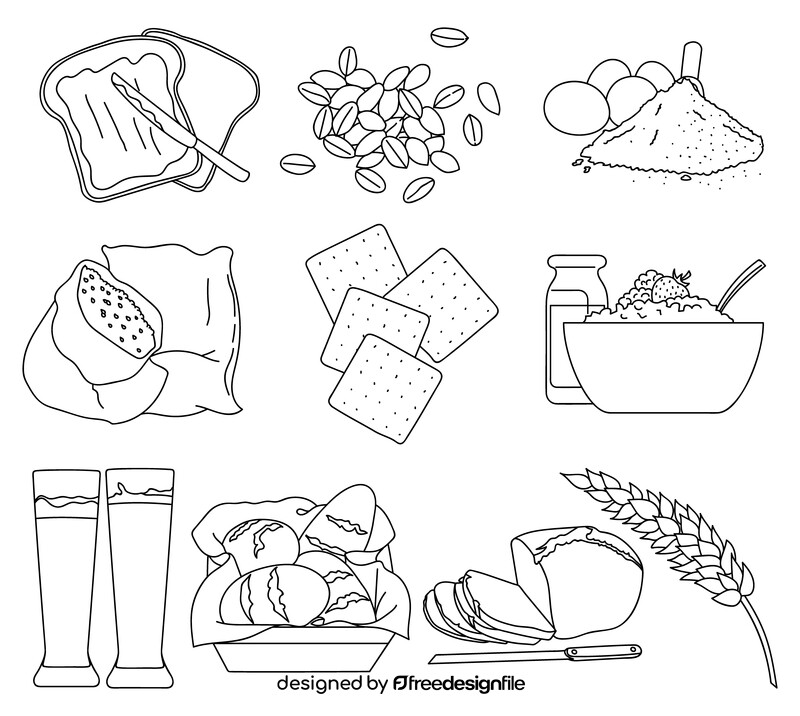 Wheat, wheat products, bakery set black and white vector