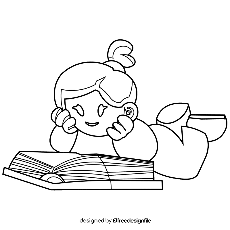 Reading girl black and white clipart