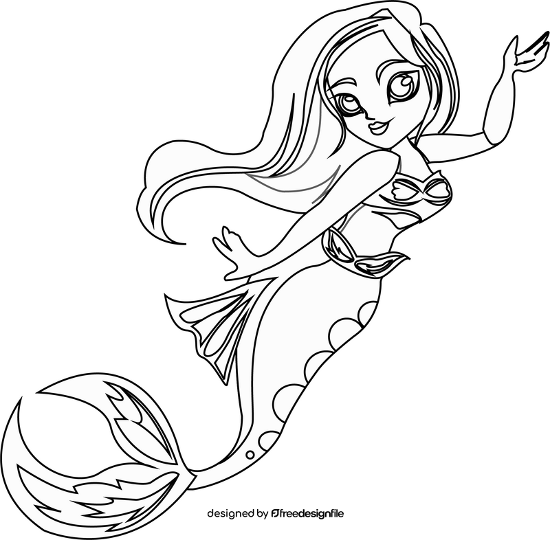 Cute mermaid in the sea black and white clipart