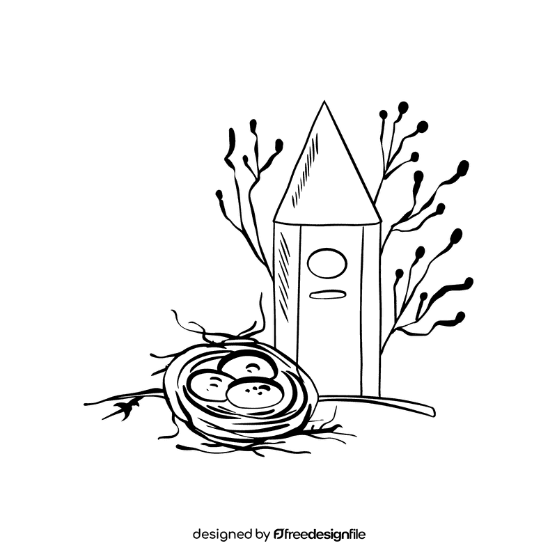 Bird Nest with eggs black and white clipart
