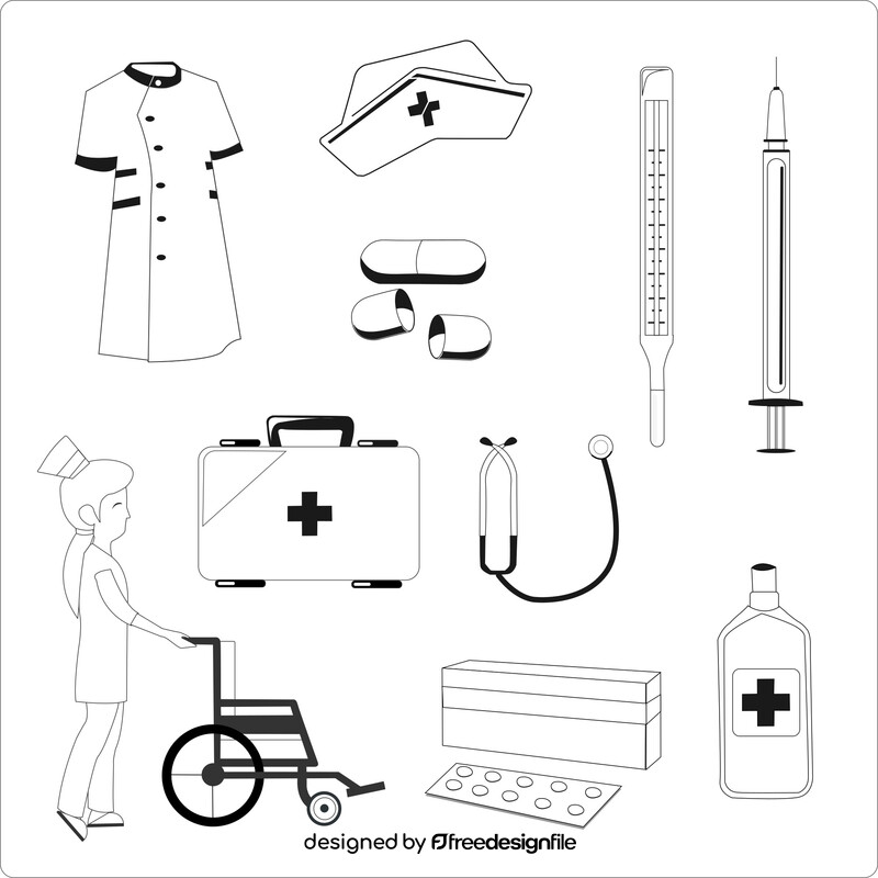 Nurse and medical equipment set black and white vector