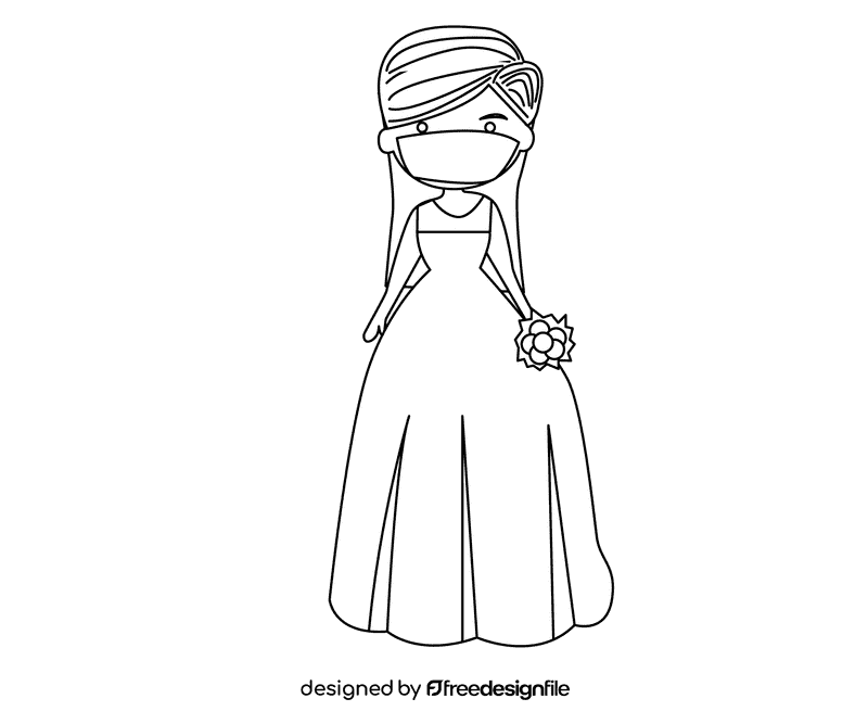 Masked bride with bouquet black and white clipart