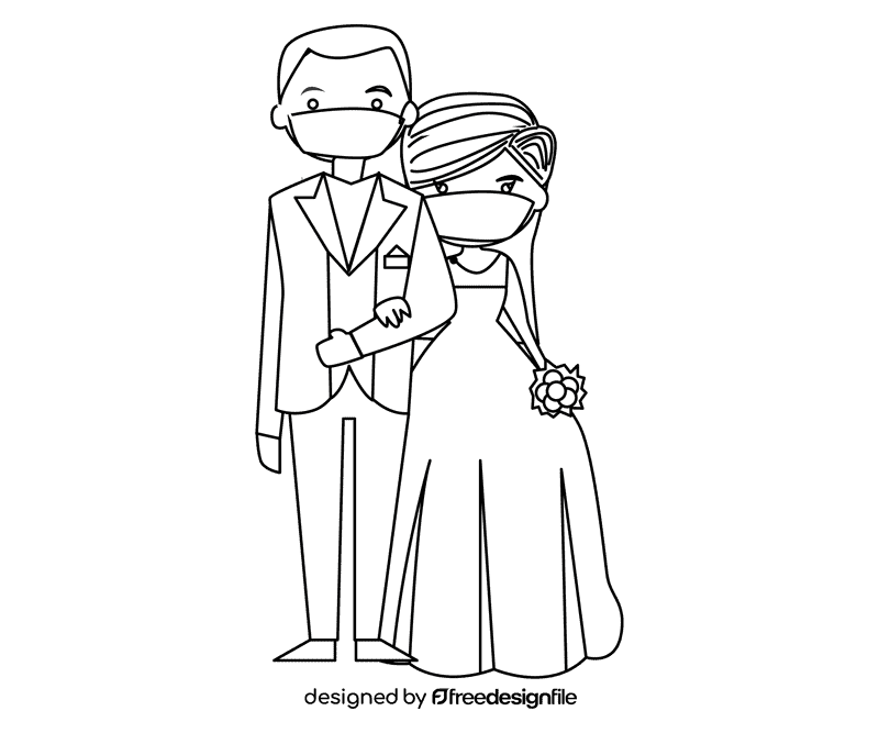 Bride and groom in masks black and white clipart