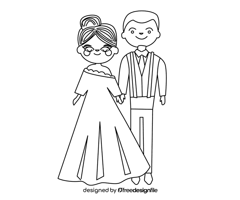 Bride with bun and groom in suspenders black and white clipart