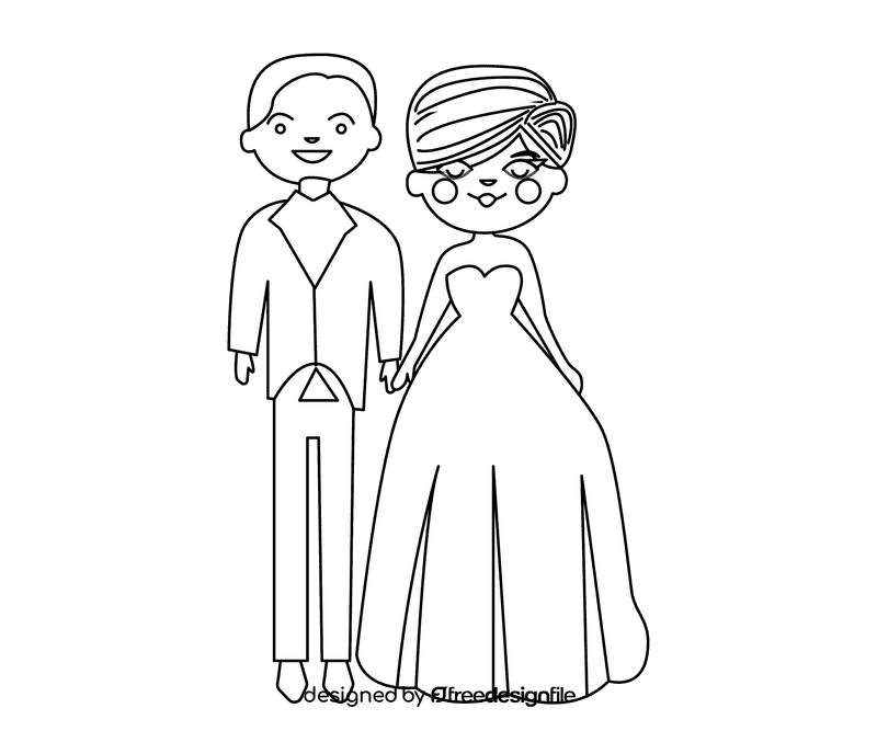 Groom in a blue suit and a brown haired bride black and white clipart
