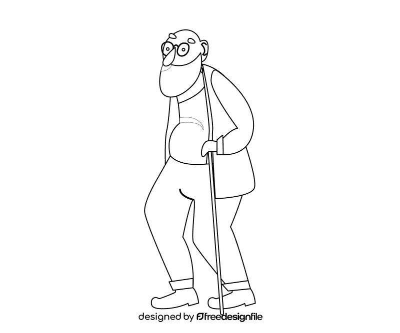 Grandfather in a green sweater with a stick black and white clipart