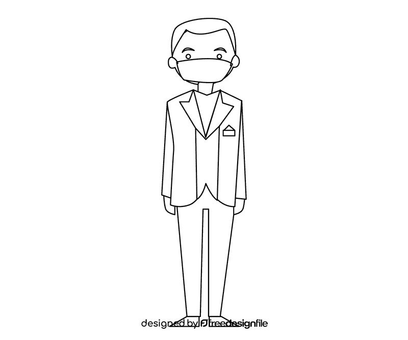 Groom in a blue suit with a scarf in his pocket black and white clipart