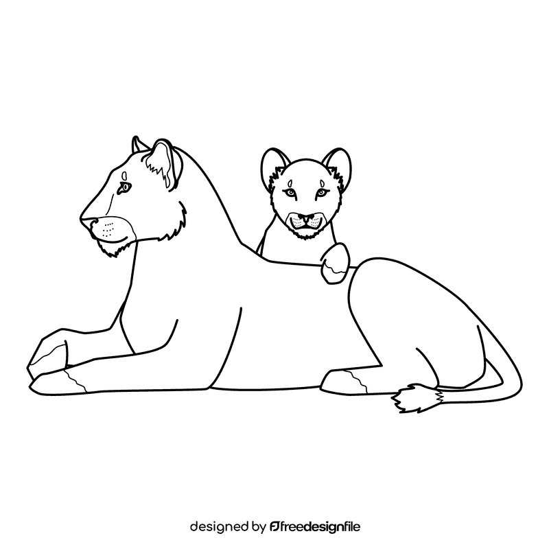 Lioness With The Cub black and white clipart