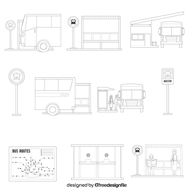 Bus stop set black and white vector
