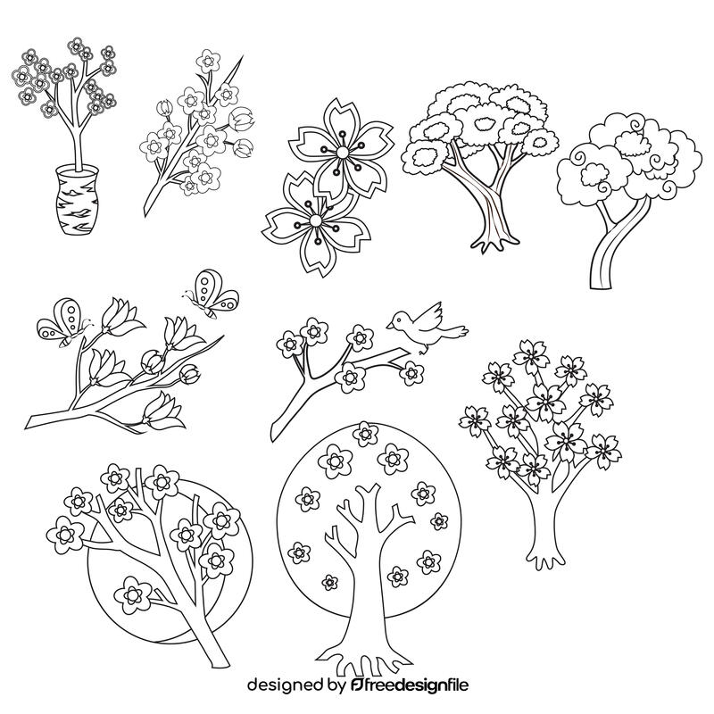 Cherry blossom tree set black and white vector