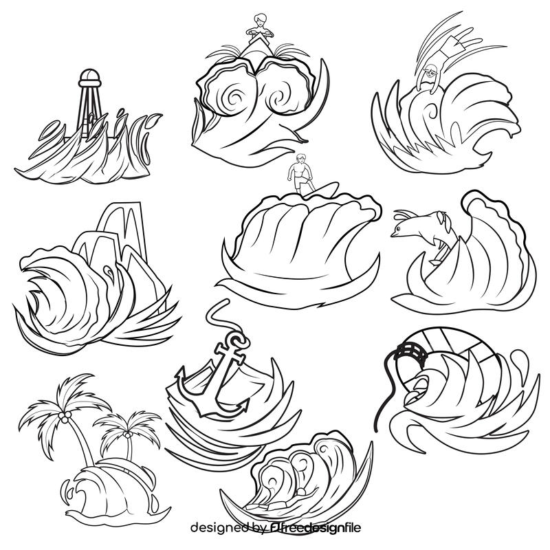 Sea Wave Set black and white vector