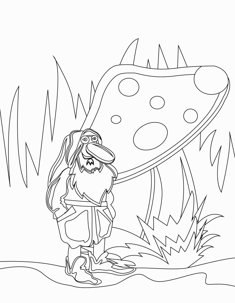Cartoon dwarf in forest black and white vector