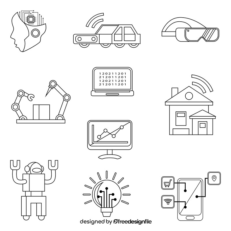 Artificial Intelligence icons set black and white vector