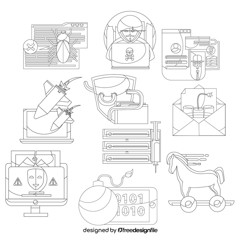Computer hacking and cybercrime icon set black and white vector