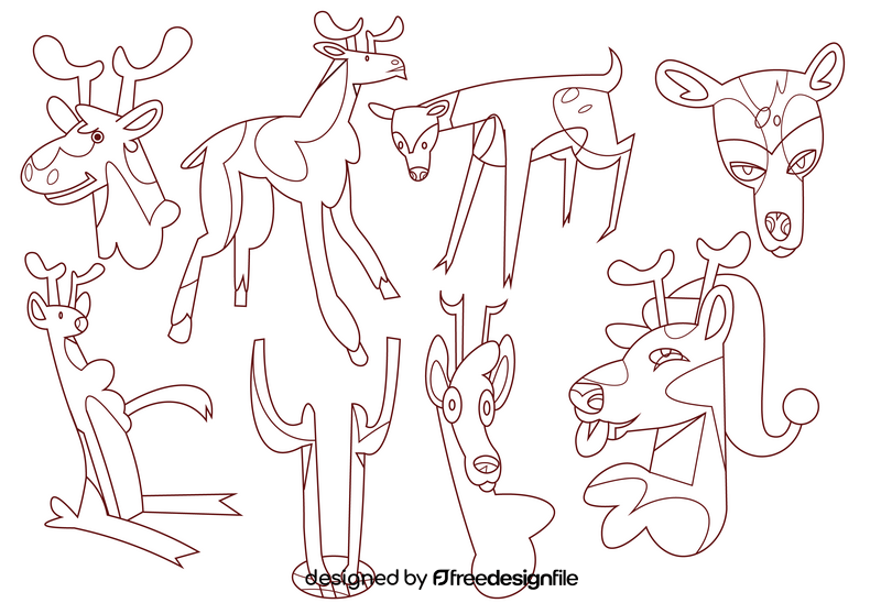 Deer cartoon set black and white vector