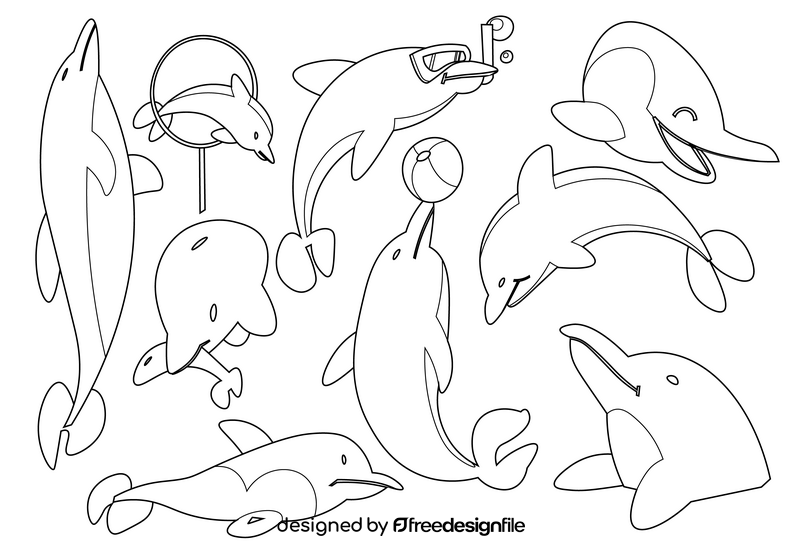 Dolphin cartoon set black and white vector