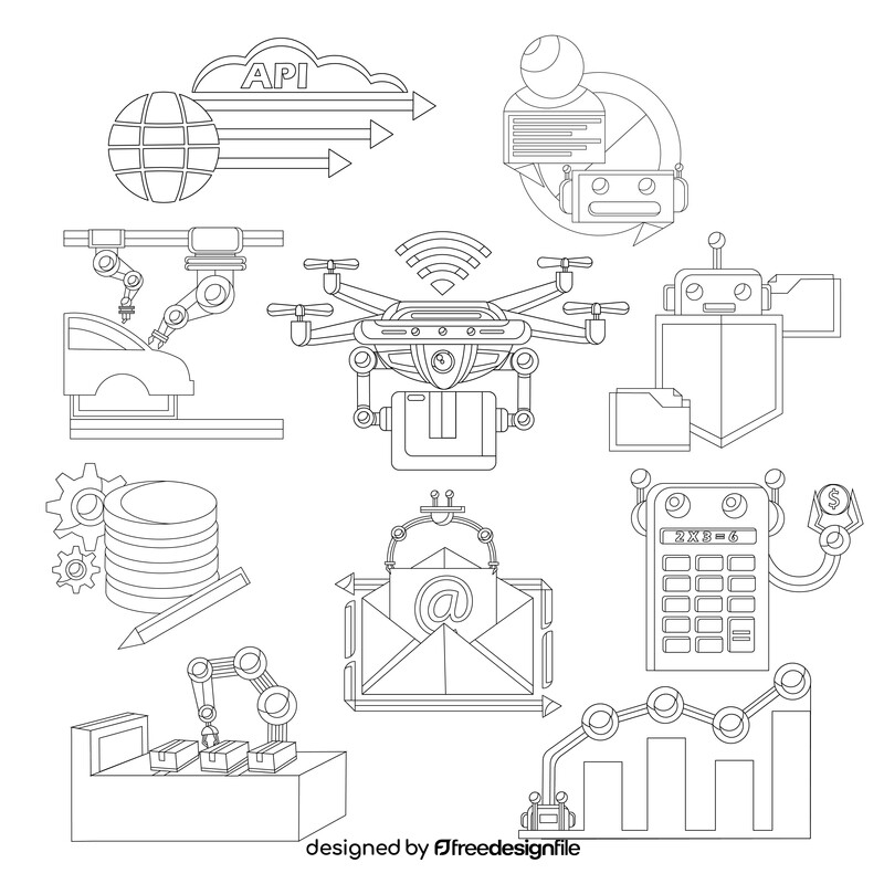 RPA Robotic Process Automation icon set black and white vector