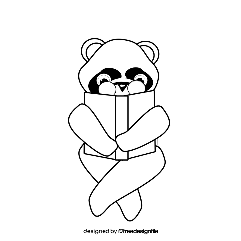 Panda reading a book drawing black and white clipart