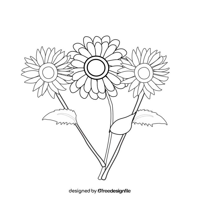 Cartoon sunflowers and gerbera black and white clipart