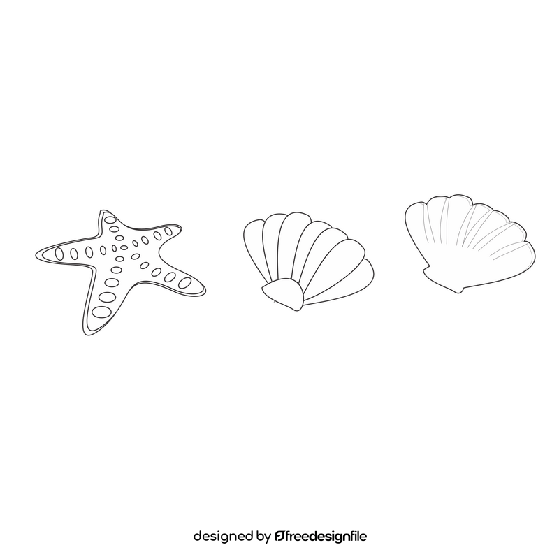 Starfish and shells drawing black and white clipart