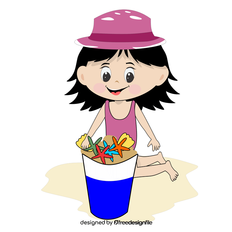 Girl at the beach with shells clipart