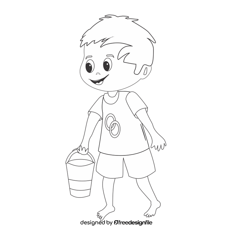 Cute boy carrying water bucket black and white clipart