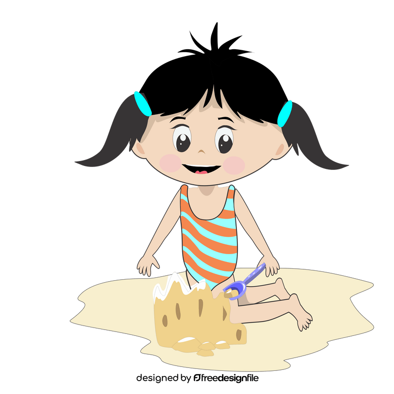 Cartoon girl at the beach building sandcastle clipart