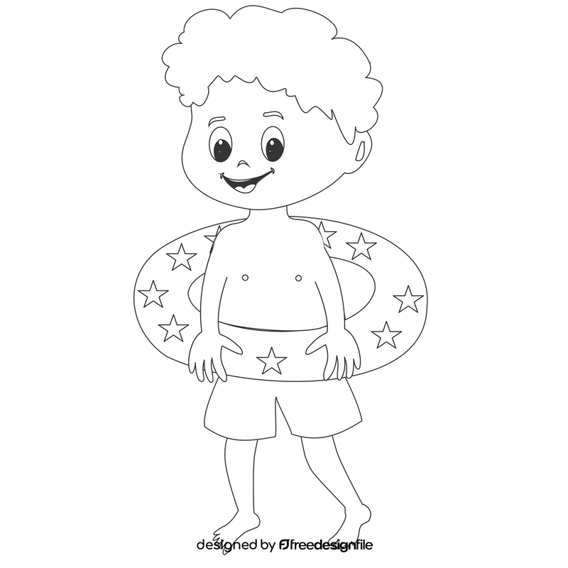 Boy with swimming ring drawing black and white clipart