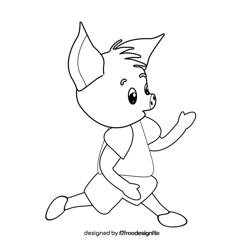 Cartoon pig running black and white clipart