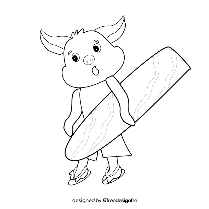 Pig with skateboard black and white clipart