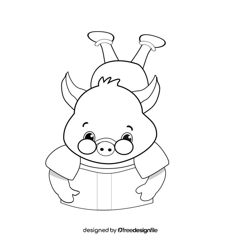 Pig reading cartoon black and white clipart