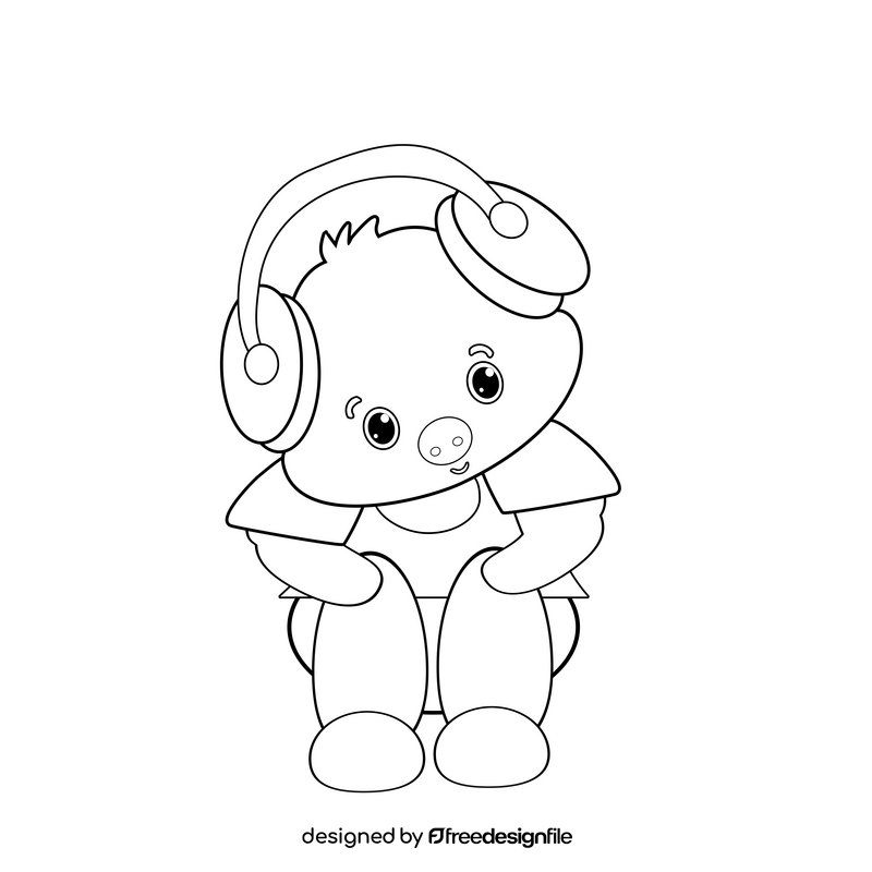 Cartoon pig listening to music black and white clipart