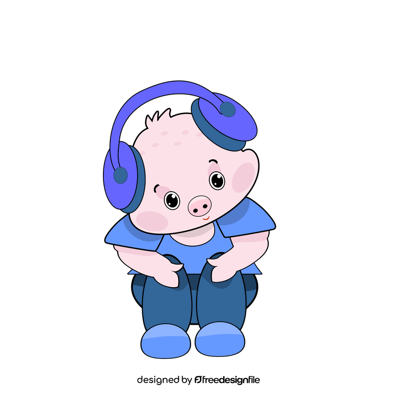 Cartoon pig listening to music clipart