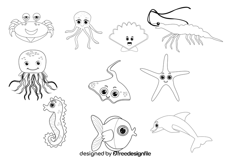 Sea animals black and white vector