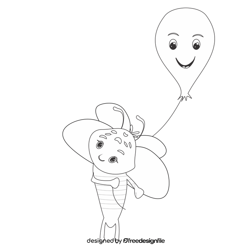 Bee holding a balloon illustration black and white clipart