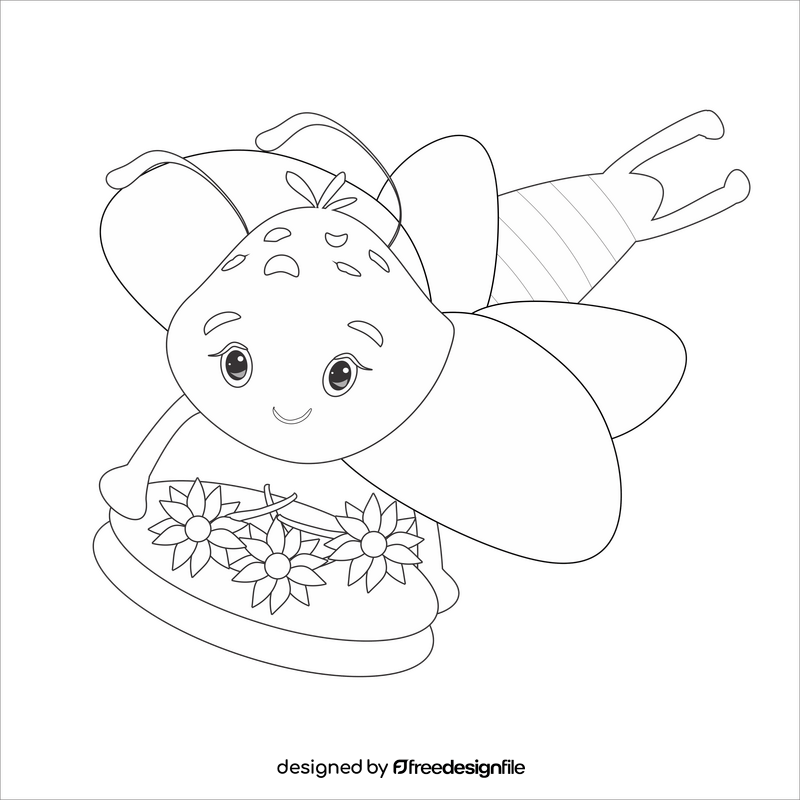 Cute bee carrying flowers black and white clipart