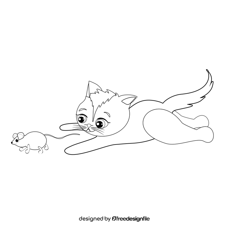 Cartoon cat chasing a mouse black and white clipart