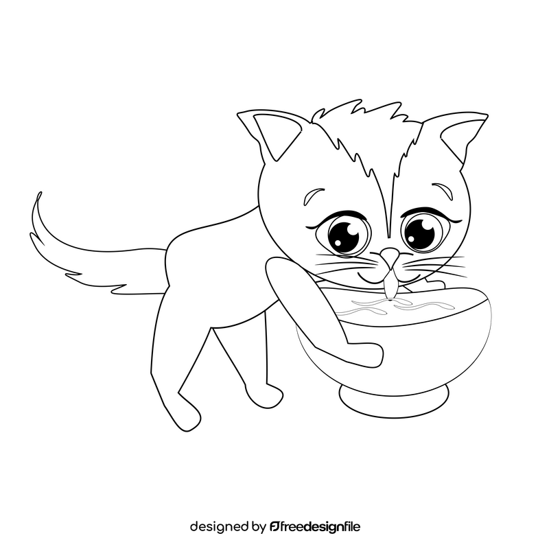 Cat drinking water illustration black and white clipart