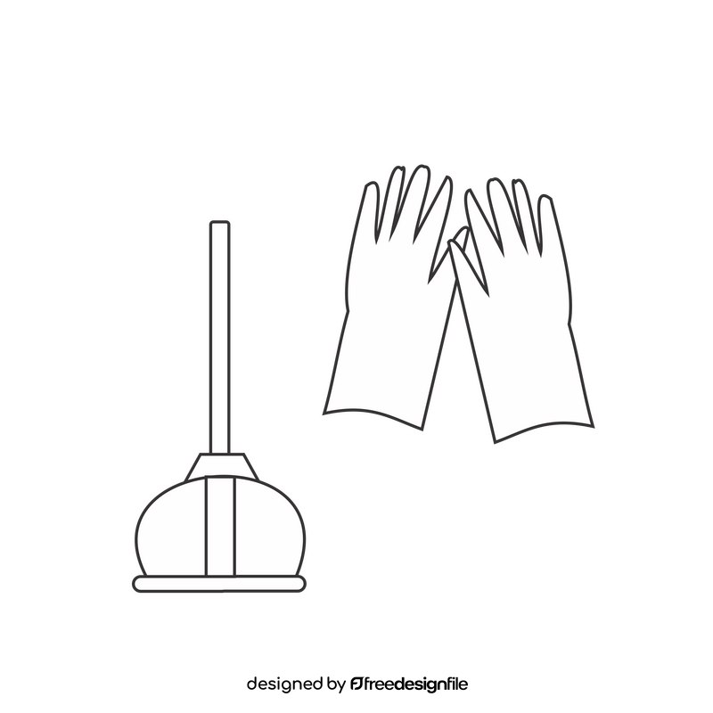 Plunger and cleaning gloves black and white clipart