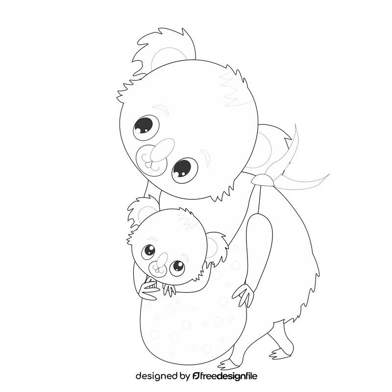 Koala carrying baby drawing black and white clipart