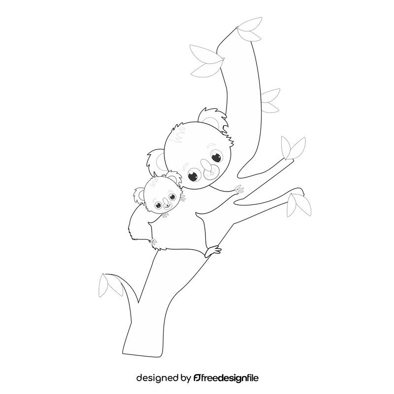 Koala with baby on the back illustration black and white clipart