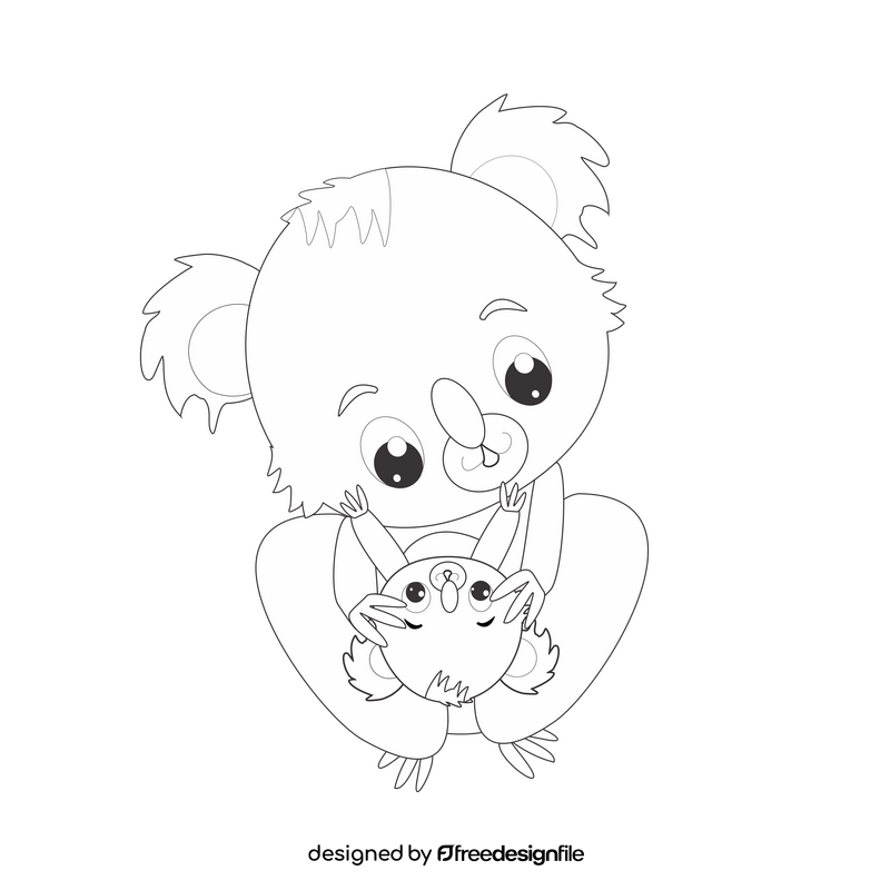 Baby koala and mom playing black and white clipart vector free download