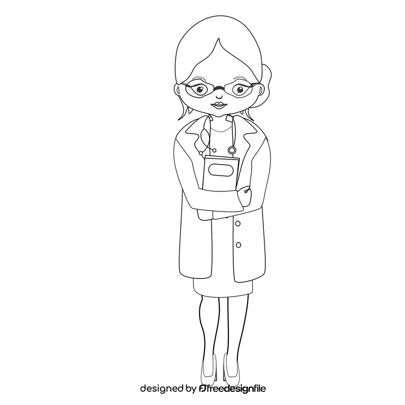 Female doctor wearing glasses black and white clipart