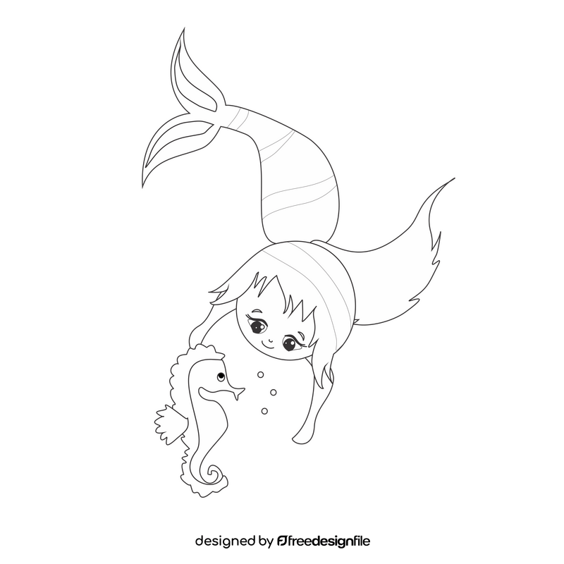 Mermaid with seahorse illustration black and white clipart