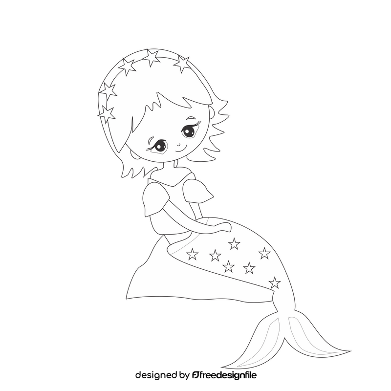 Cute mermaid sitting on a stone black and white clipart