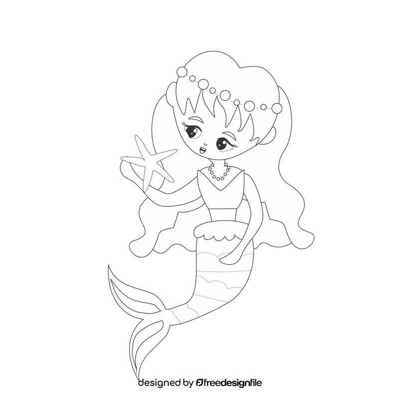 Mermaid with a starfish black and white clipart
