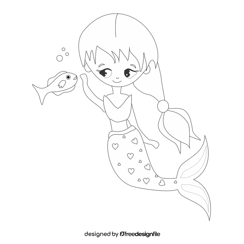 Cartoon mermaid with a fish black and white clipart